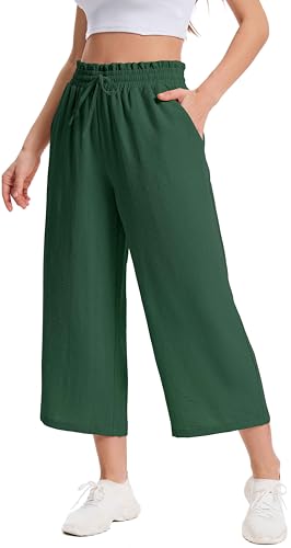 WUWUSKY Damen 3/4 Culotte Hose Leichte Sommerhose mit Taschen | Casual Lounge Hose mit Weitem Bein | Atmungsaktives Stoff Caprihose für Damen,Dunkelgrün,M