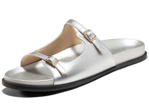 Coutgo Sandalias planas para mujer, cómodas, anchas, con doble correa y hebilla ajustable, Plateado, 6