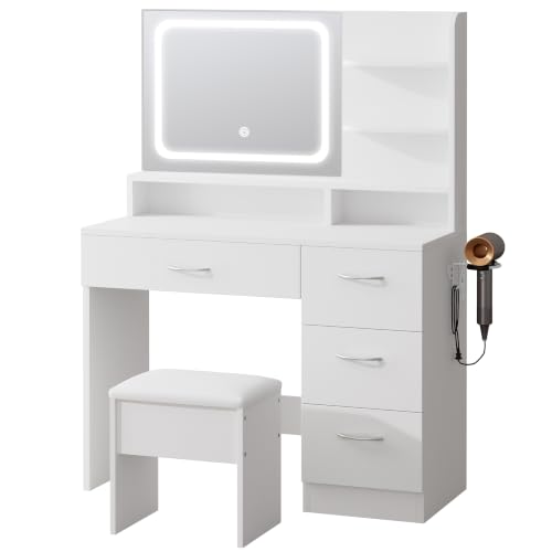 Image of LIVELYGLOW White Makeup Vanity Desk with Charging Station & 4 Drawers