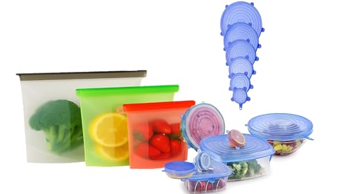 Bolsas de Silicona Reutilizables Martivalia – Pack de 3(1500/1000/500ml) + 6 Tapas Elásticas – Herméticas, Sin BPA, para Alimentos,Microondas,Congelador y Lavavajillas