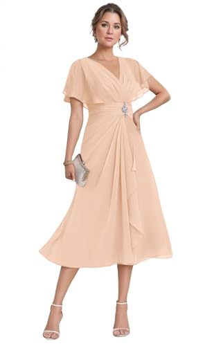 Mother of The Bride Dresses for Wedding Chiffon Tea Length V Neck Formal Evening Party Gowns with Sleeves