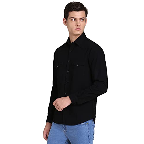 Image of Dennis Lingo Men's Solid Denim Cotton Slim Fit Full Sleeve Casual Shirt with Flap Pockets and Snap Buttons