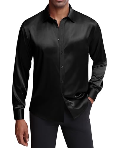 J.Ver Camisa de Vestir de satén de Seda para Hombre, de Manga Larga, Brillante, Informal, con Botones, de Lujo, para Fiesta de graduación, Negro -, Large