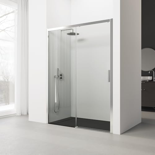 Mampara de Ducha Frontal Corredera SERIE 300F - Medidas 140-144x195 cm - Vidrio Templado, Antical, Transparente - 1 Hoja Corredera y 1 Fijo de 6 mm - Perfil Plata Alto Brillo - Reversible -REALSHOWER