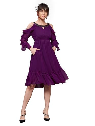 Image of Miss Chase Women's Round Neck Sleeveless Polyester Ruffled Knee- Length Dress