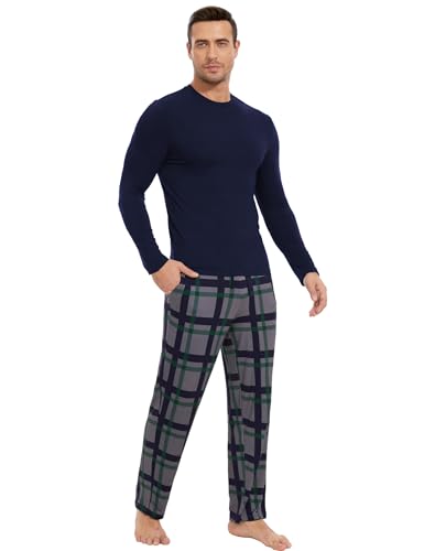 GYS Bamboo Viscose Men's Pajama Sets Long Sleeve Plaid Loungewear Sets with Pockets3