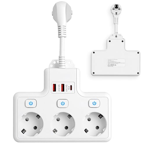 BOSYTRO 3-Fach Verteilersteckdose Steckdosenleiste mit USB (PD 18-20W) 6-In-1 Steckdosenadapter mit 3 Unabhängige Schaltdosen Mehrfachsteckdose für Küche Wohnzimmer Schlafzimmer Büro Max 3500W 16A-XP