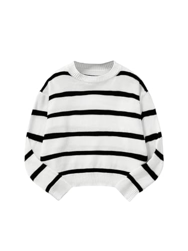 MakeMeChic Girl's Striped Colorblock Round Neck Sweater Long Sleeve Drop Shoulder Knit Loose Pullovers