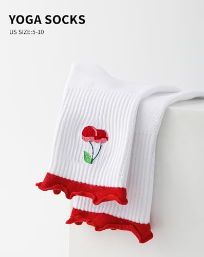 Image of Yawlsow Cute Pilates Grip Socks for Women Ruffle Frilly Yoga Socks Non Slip Cotton Crew Grippy Sock for Barre Workout