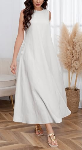 Image of CHARTOU Women Casual Cotton Linen Sleeveless Maxi Dress Ruffle Shift Dress Flowy Beach Summer Long Tank Dress