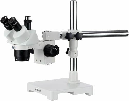 AmScope SW-3T24Z Trinocular Stereo Microscope, WH10x Eyepieces, 20X/40X/80X Magnification, 2X/4X Objective, Single-Arm Boom Stand, Includes 2.0x Barlow Lens