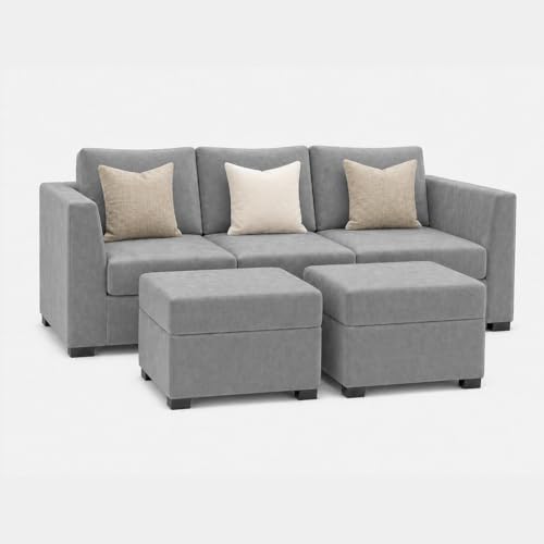 Image of FURNY Revona 5 Seater L Shape Sofa Set with 2 Movable Ottoman | Flexible Left or Right Layout | Plush Velvet Fabric (Light Grey) | Perfect for Living Room, Guest Room & Office