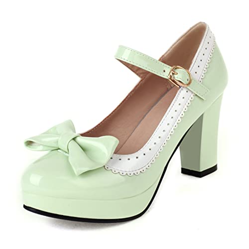 Image of FOREADA Lolita Bow Platform High Heel Women Rockabilly Mary Jane Dress Pump | Boasts soft kawaii retro vintage lolita tea party aesthetic, with block heel ,bow, round toe versatile style for dress wear
