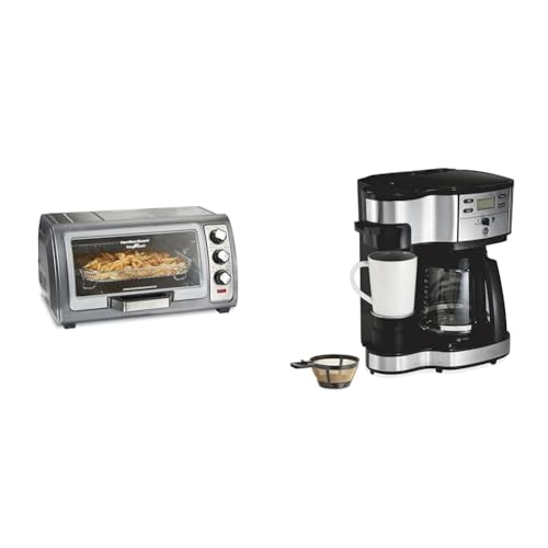 Hamilton Beach Toaster Oven Air Fryer Combo with Large Capacity, Fits 6 Slices or 12” Pizza & 2-Way 12 Cup Programmable Drip Coffee Maker & Single Serve Machine, Glass Carafe