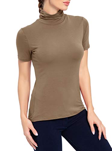 Image of AUHEGN Women's Long Sleeve Short Sleeve Lightweight Turtleneck Top Slim Fit Pullover T-Shirt (S-XXL)