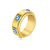 Evil Eye Fidget Ring for Women - 18K Gold Plated Stainless Steel Spinner Rings for Anxiety Relief, Ojo Turco Ring Luck Amulet, Turkish Faith Protection Stackable Jewelry Gift for Women Men (Gold, 6) (L, 7)