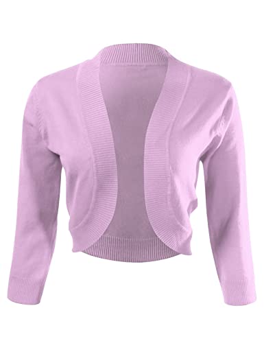 Image of Women's 3 /4 Sleeve Cropped Open Front Bolero Shrug Cardigan Sweater Jacket for Dresses, Lilac, Small