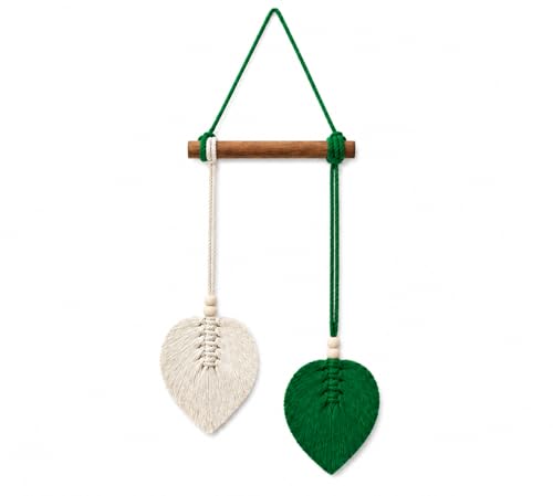 Image of AdFashionble Boho Macrame Wall Hanging Leaf Decor for Home, Living Room & Bedroom | Cotton Thread Art with Wooden Rod | Minimalist Handmade Wall Decoration | Aesthetic Nordic Wall Art for Home, Office & Gift Purpose Lenght- 58 cm Width- 15 cm (DARKGREEN & OFFWHITE)