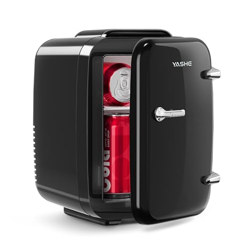 Image of YASHE Mini Fridge, 4 Liter /6 Can Mini Makeup Fridge, 110V AC / 12V DC Portable Thermoelectric Cooler&Warmer for Skincare, Drink, Cosmetic, Medicine, Small fridge for Bedroom, Office, Dorm, Car, Black