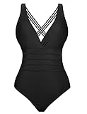 NC Einteiler Badeanzug Damen Bauchweg Einteilige Bademode Schwimmanzug Monokini Schlankheits Figurformend Strandmode mit V-Ausschnitt Schwarz XL