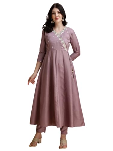 Image of NIVANA Womens Chinnon Angrakha Style Embroidered Anarkali Kurta with Pant and Dupatta | Solid Pattern A-Line Fit | Elegant V-Neck Kurta Set with 3 /4 Sleeves | Ethnic Festive and Wear Outfit