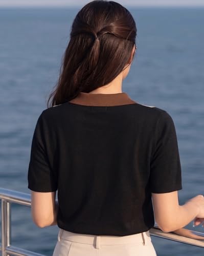 Image of AUSK Women's Casual Summer Polo Knit T-Shirt | Zip Collar Top | Half Sleeves | Ribbed Panel Design | Lightweight Comfort | Regular Fit