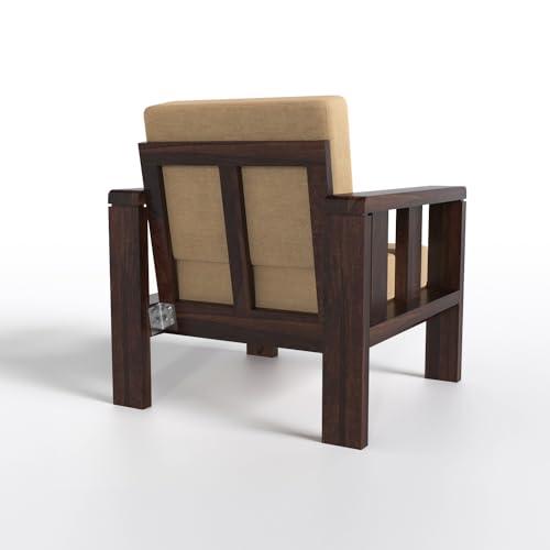Image of Solid Wooden 1 Seater Sofa with Beige Cushion | Sheesham Wood Sofa 1 Seater, Single Seater Sofa for Living Room and Home Furniture in Walnut Finish | Sheesham Wood Sofa