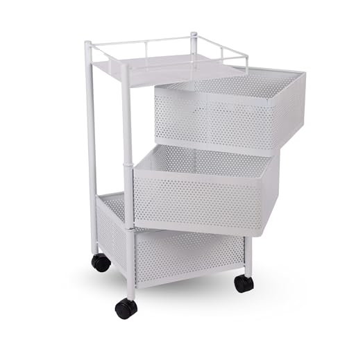 Image of KITCHIVO Kitchen Storage Rack | Revolving Vegetable Rack | Square Multipurpose Storage Trolley with Wheels | Metal Fruit Rack (White, 3 Layer)