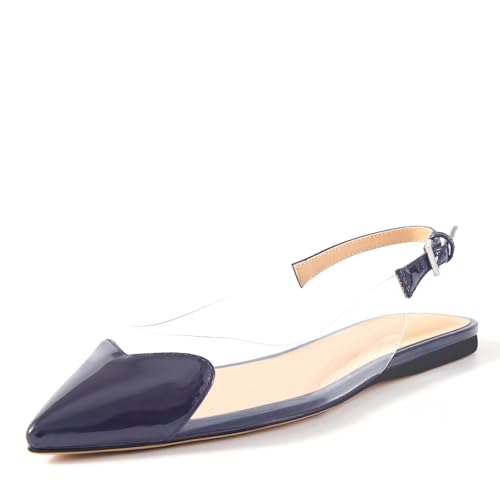 VogueVent Women's Fashion Pointed Toe Heart Transparent PVC Slingback Flat Shoes Comfort Slip On Cap Toe Clear Ballet Flats Work Wedding Dress Flat Shoes for Women Navy Size 12