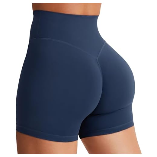 YEOREO Women's Biker Shorts 4.5" / 6" Workout Gym Shorts Craze High Waist Tummy Control Hidden Scrunch Running Yoga Navy Blue S