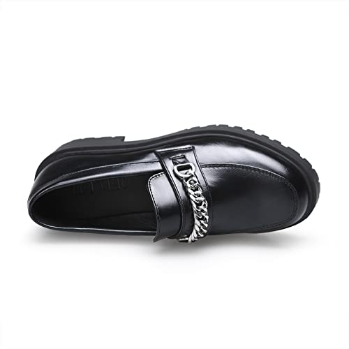 Yetier Platform Womens Loafer Leather Slip-Ons Round Toe Chunky Loafer Shoes Penny Casual Fashion Shoes With Chain Black #TOP2