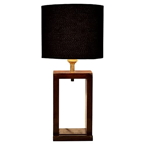 Image of tu casa Handcrafted Mango Wood Table Lamp with Pleated Black Cotton Fabric Shade | Elegant Bedside Night Lamp for Bedroom & Living Room