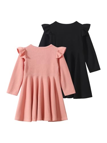 Little Girls 2 Pack Ruffle Long Sleeve Dress Flutter Ribbed Stretchy A Line Swing Casual Playwear Dresses 3-12Y2