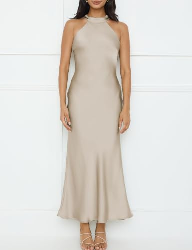 Image of Summer Satin V Neck Silp Midi Dress for Women Wedding Guest 2026 Sexy Spaghetti Strap Backless Long Dresses with Slit