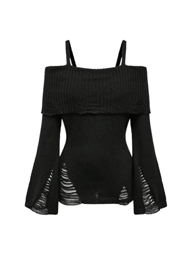 SOLY HUX Women's Cold Shoulder Ripped Sweater Goth...