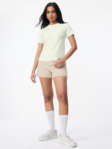 Image of The Souled Store Casual Classics: Women and Girls Short Sleeves Spread Collar Solid Cotton Regular Fit Breathable Lightweight Trendy Everyday T-Shirt