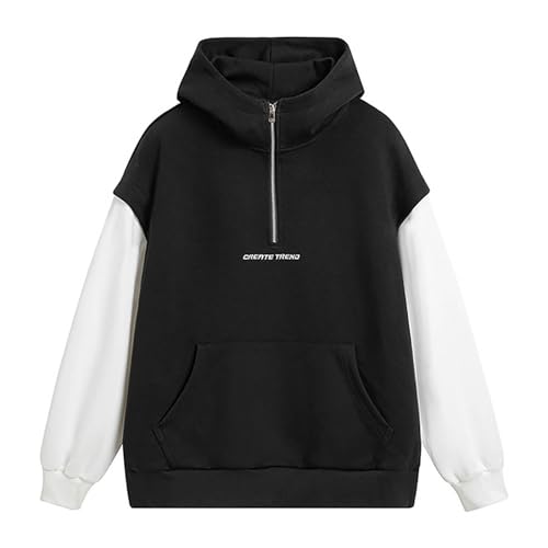 Mens Patchwork Hoodies Embroidered Casual Quarter Zip Hooded Sweatshirts with Kangaroo Pockets Mock Neck Pullover Top3