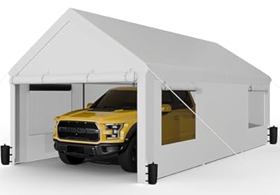 JAMFLY Carport, 10x20 ft Heavy Duty Carport with Roll-up Windows, Portable Garage with Removable Sidewalls & Doors, Car Canopy with Sandbags and All-Season Tarp for Car Boat Truck Motorcycle