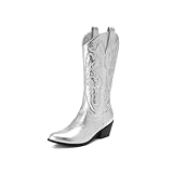 Damen Vintage Stiefel Spitze Zehen Chunky Heel Stiefel Glänzend Gestickt Mittelrohr Stiefel Mode Wild Western Cowboy Boots