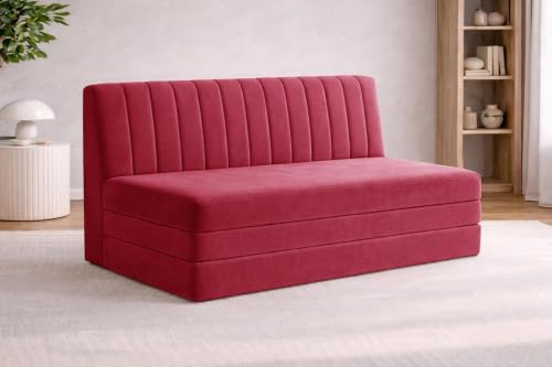 Image of Rosebell -3 Seater Upholstered Armless Sofa Cum Bed with Backrest | Velvet Fabric Finish | Modern Living Room & Bedroom -Red