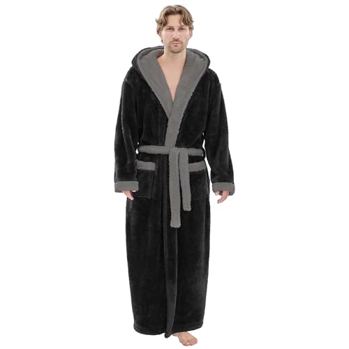 PJGGZ Mens Plush Robes Full Length, Big and Tall Fleece Hooded Bathrobe Warm Fluffy Cozy Winter Housecoat Floor Length(Black/Dark Grey,L/XL)