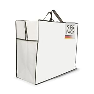 Tasche für Bettwäsche – 5er-Pack – Aufbewahrungstasche für Bettdecken und Kissen – Schutztasche für Bettzeug – Tragetasche für Kopfkissen – (60cm x 50cm x 25cm)