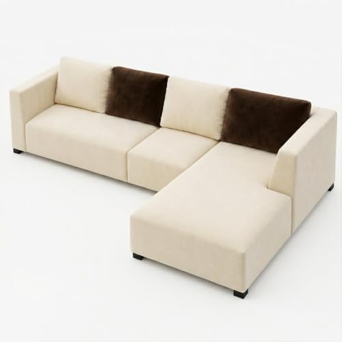 Image of FURNY Olympus 6 Seater RHS L Shape Sofa Set | Plush Velvet Suede Fabric | Modern Design | Soft Comfort Dual Color Cushions for Living Room, Office & Hotels (Cream-Dark Brown)