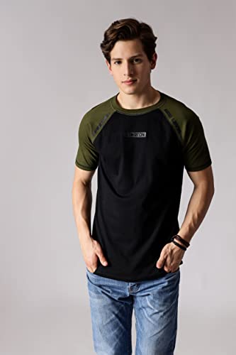 Image of Men's Round Neck Combed Cotton Black Olive 3D Print Raglan Half Sleeve T-Shirts for Men (STM-009)