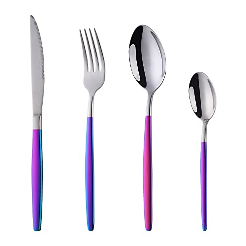 YDware Besteck Regenbogen Silber Besteck set 4-teilige Edelstahl Gabeln Löffel Teelöffel Steakmesser für 1 Personen Cutlery Set für Haus Küche...