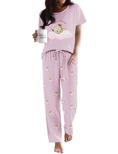Image of Ekouaer Pajama Sets for Women Round Neck Pjs Short Sleeve Sleepwear with Long Pants Loose Lounge Sets Pink Teddy Bear XX-Large