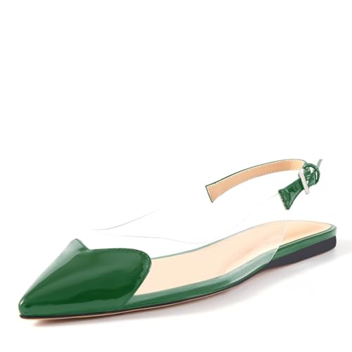 VogueVent Women's Fashion Pointed Toe Heart Transparent PVC Slingback Flat Shoes Comfort Slip On Cap Toe Clear Ballet Flats Work Wedding Dress Flat Shoes for Women Green Size 5.5