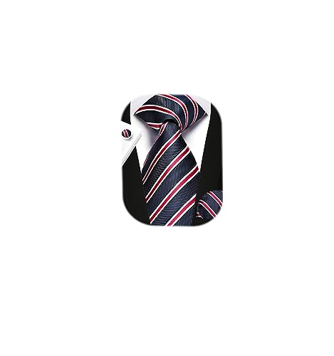 Image of Enlision Mens Ties Stripe Tie and Pocket Square Set Classic Formal Woven Neckties Handkerchief Cufflinks Wedding