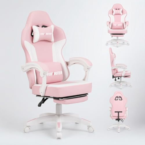 Fiximaster Gaming Stuhl Ergonomischer Bürostuhl, Leise PU-Rollen & Linkage-Armlehnen, Stufenlose Neigung 135° PC Stuhl für Home Office, Gamer Stuhl aus PVC-Leder, 150kg Belastbarkeit，Rosa