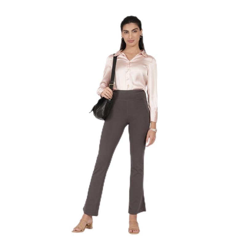Image of Blissclub AM:PM Cotton Flare Pants for Women Above 5'5 ft Tall | Wide Waistband, 4 Pockets | Bell Bottom Pants and high Waist Trousers for Office wear